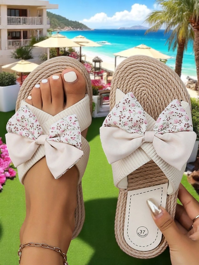  Women's Floral Bow Slip-On Rope Sandals – Cute Summer Beach Slides with Woven Sole for Vacations, Garden Parties, and Casual Daily Wear