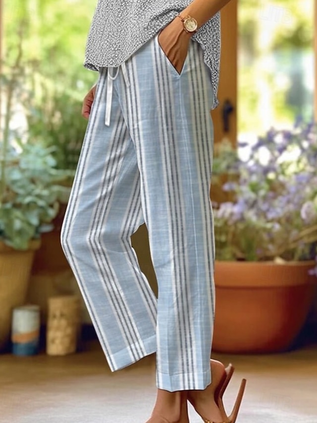 Dame kinesisk Rett Ferie Årgang Etnisk stil Full lengde Høy Midje Stripe Linjer / bølger Stripe Myk Utendørs Pustende Mikroelastisk utendørs Feriereise Avslappet Hvit Blå Lyseblå Høst Løstsittende