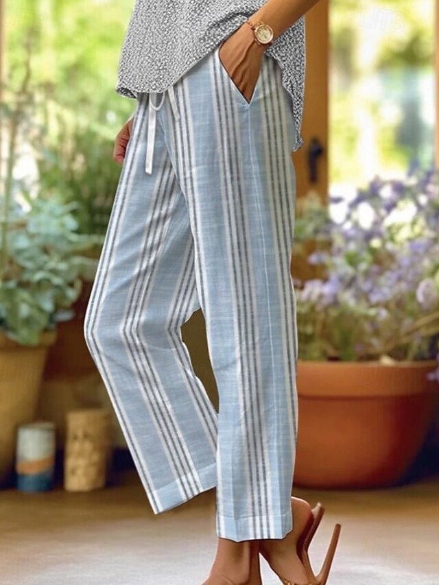Women's Chinos Straight Vacation Vintage Ethnic Style Full Length High Waist Stripe Lines / Waves Stripe Soft Outdoor Breathable Micro-elastic Outdoor Vacation Casual White Blue Light Blue Fall Loose4