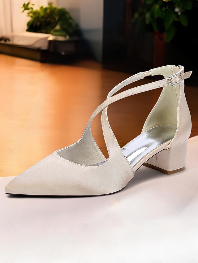  Escarpins à talons carrés et bout pointu en satin ivoire pour femmes - chaussures élégantes à brides croisées pour banquets formels et cocktails