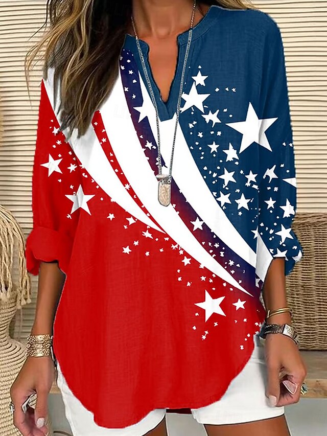 Women's Blouse Tunic V Neck Long Sleeve Boho Casual Patriotic Graphic Flag Vintage Stylish Regular Tops Daily Red4
