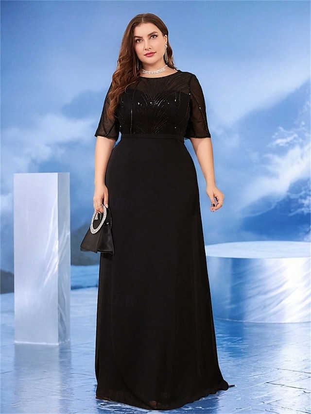  A-Lijn Plus Size Jurken Elegante Curve Jurk Formele Bruiloft Vloerlengte Half Mouw Crew Hals Chiffon met Parels