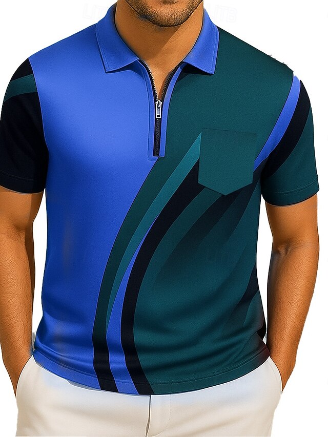  Voor heren Polo Vakantie Casual / Dagelijks Revers Korte mouw Hawaii Vrije tijd Meetkundig Lijn Vetoketju Zomer blauw Goud Polo