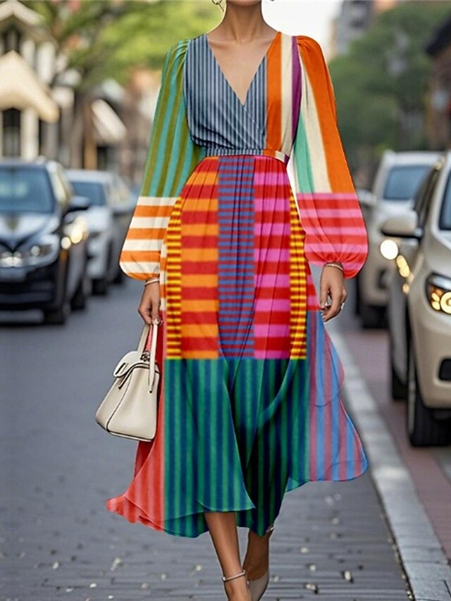 Women's Midi Dress Casual Dress Print Dress Elegant Fashion Outdoor Party Holiday Regular Fit Striped Flower Long Sleeve V Neck Rainbow Rose Red Beige Summer Spring4