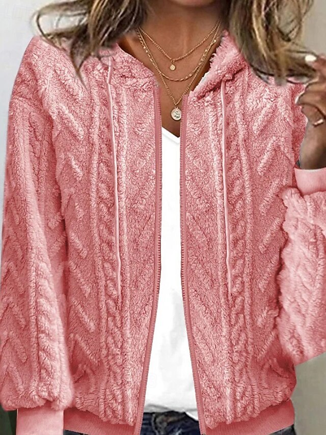 Women's Cardigan Streetwear Casual Solid Color Chunky Hooded Zipper Knitted Long Sleeve Regular Tops Knit Outdoor Daily Holiday Pink Fall Winter4