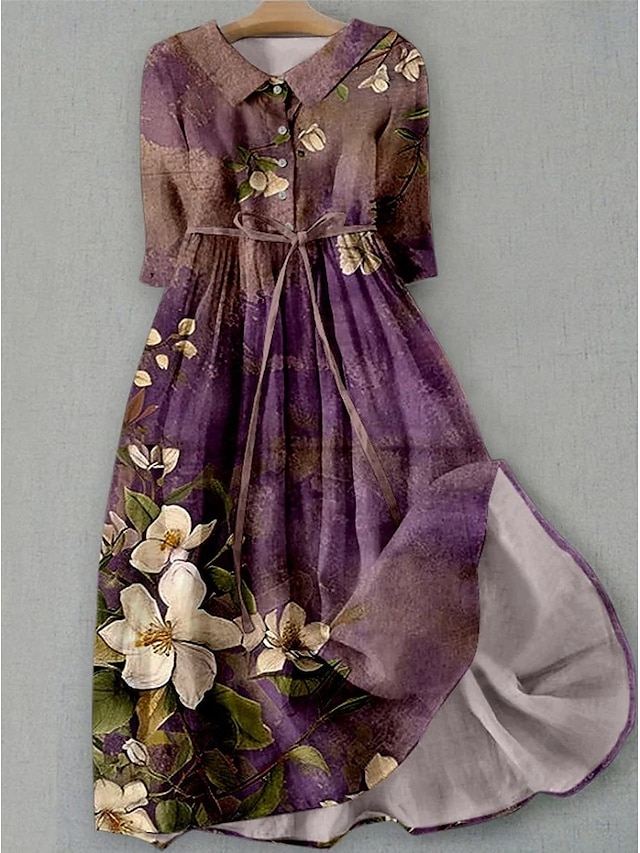  Dames Halflange jurk Hemdjurk Vakantie Casual Boho Dagelijks Feestdagen Teaparty Normale pasvorm Bloemig Grafisch Halve mouw Revers Wit Blozend Roze Licht Bruin blauw Zomer Lente