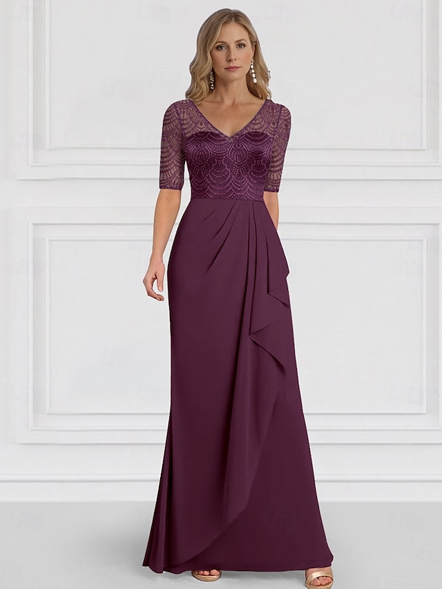  A-Linie Brautmutterkleid Hochzeitsgast Elegant V Ausschnitt Bodenlang Chiffon Halbarm mit Rüschen Einfarbig 2025