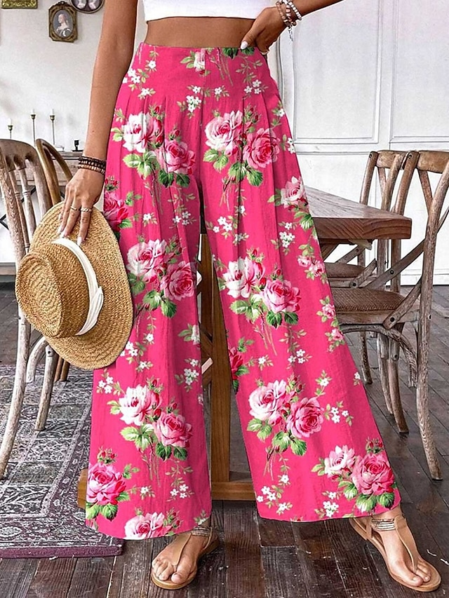  Pentru femei Pantaloni Pantaloni Palazzo Modă Boho Lungime totală Talie Înaltă Floral Talie elastică Confortabil Comfortabil Micro-elastic Stradă Purtare Zilnică Ieșire Roz Portocaliu Vară Primăvară