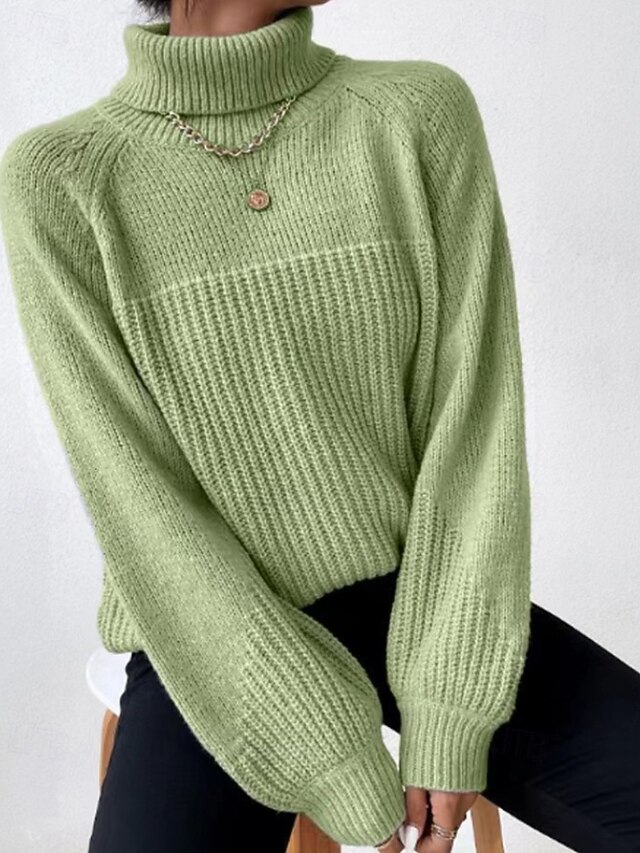 Women's Sweater Pullover Casual Soft Solid Color Ribbed Turtleneck Knitted Long Sleeve Regular Tops Knit Holiday Going out Weekend Green Khaki Fall4