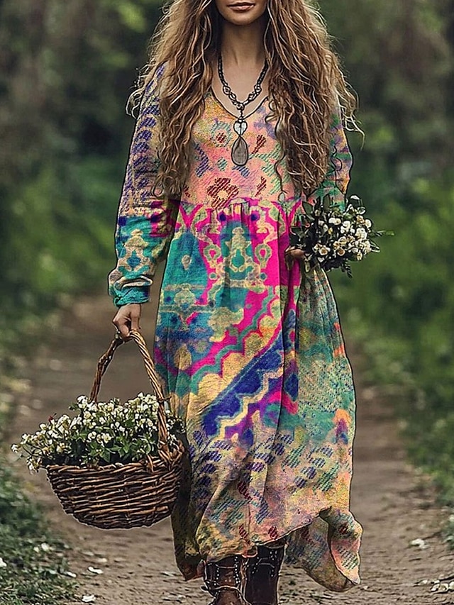  Per donna Abito maxi Abito a trapezio Vacanza Casual Boho Uscire Spiaggia Vestibilità comoda Floreale Grafico Geometrico Manica Lunga Scollo a V Rosa Blu Arancione Verde Primavera Autunno