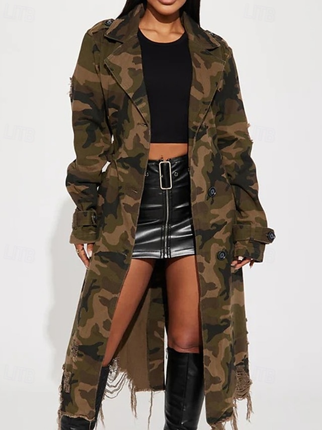  Per donna Trench Confortevole Bottoni Tasca Moderno Stile da Strada Mimetico All'aperto Uscire Monopetto Lungo Collo ripiegato Vestibilità regolare Manica Lunga Capispalla Verde chiaro Verde scuro