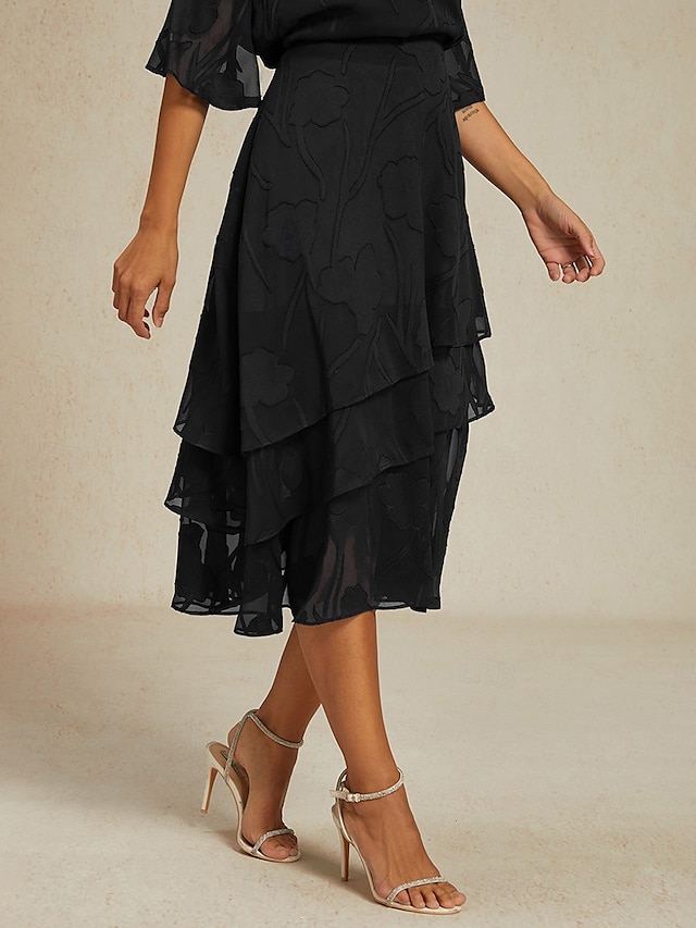  Mujer Falda Elegante Midi Media cintura Faldas Flores Multi capa Rígido Fiesta Casual Negro Verano Gasa