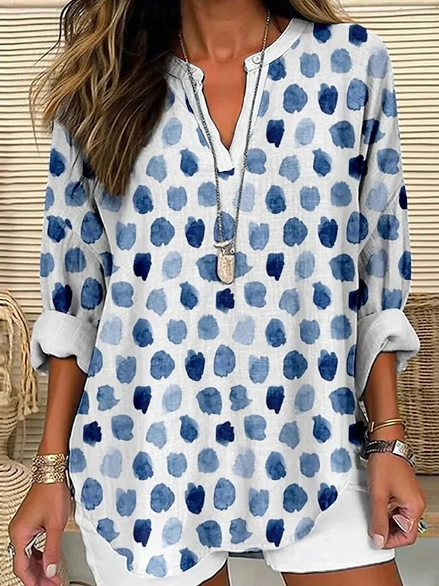  Dames Blouse Grafisch Stip Elegant Stijlvol Lange mouw V-hals Normale tops Dagelijks Feestdagen Afdrukken blauw Paars Groen Grijs Zomer Lente