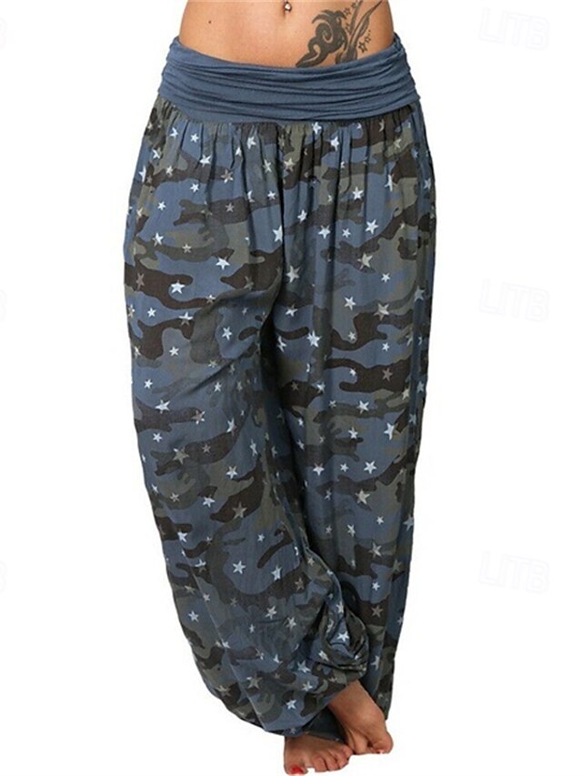  Women's Pants Trousers Palazzo Pants Fashion Boho Full Length Mid Waist Print Camouflage Elastic Waist Comfy Comfortable Micro-elastic Street Daily Wear Going out White Yellow Red Navy Blue Summer
