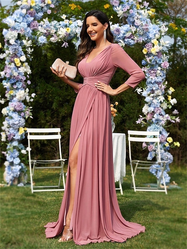  Abiti A-Line Quinceanera Elegante Vestito Matrimonio Formale Lunghezza Piena Maniche Lunghe Scollo a V Chiffon Schiena a Scala con Pieghe