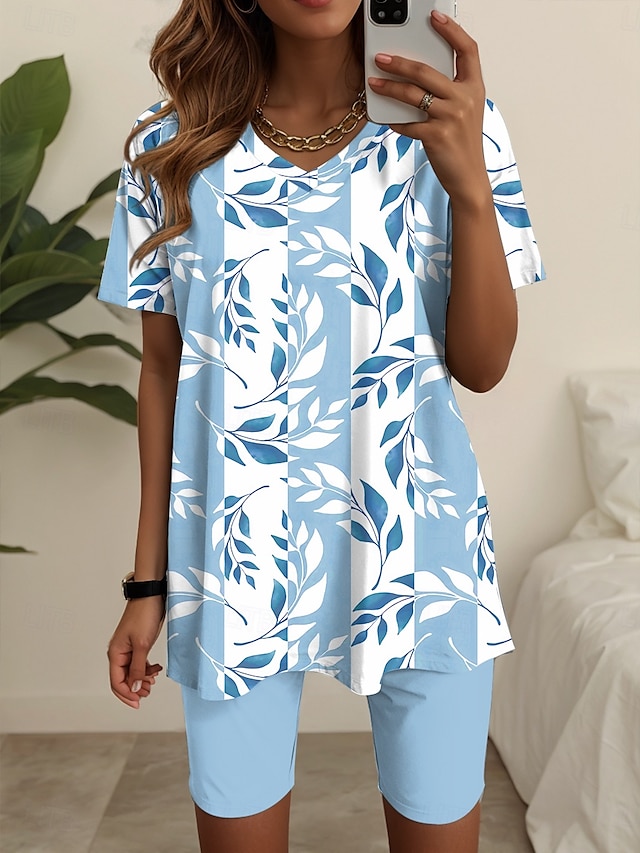  Femmes Mode T-shirt Ensembles de Shorts Manche Courte Col en V Fleuri Graphique Imprimé Décontracté Quotidien Bleu Violet Vert Été Coupe régulière