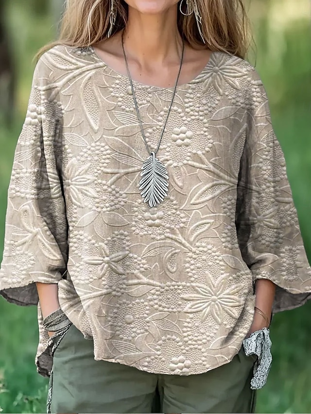  Dámské Halenka Květinový Grafika Kašmírový vzor Elegantní stylové 3/4 délka rukávu Tričkový Úzký výstřih Běžné topy Denní Dovolená Tisk Hnědá Trávová zelená Khaki Jaro Podzim