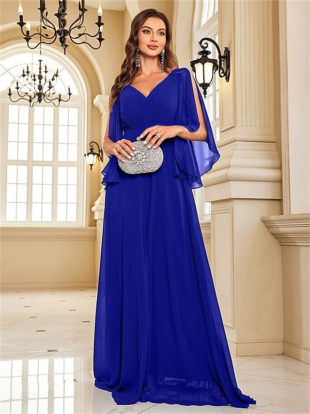  A-linjeformade Quinceanera Klänningar Elegant Klänning Formell Bröllop Golvlängd Lång Ärmd V Nacke Chiffon V Bak med Färger Slits