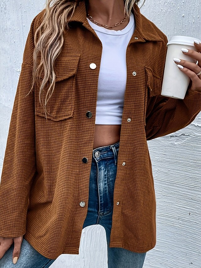  Femmes Veste Décontractée Confortable Avec Poches Boutons Extérieur Occasionnel Uni Sortir Décontracté Quotidien Week-end Simple Boutonnage Régulier Col Rabattu Coupe régulière manche longue