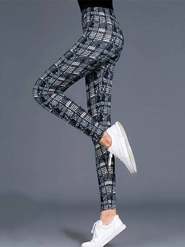  Women's Tights Leggings Streetwear Casual Full Length High Waist Plaid Elastic Waist Breathability Stretchy Vacation Street Daily Wear Magenta Dark red Wine Black Fall Regular Fit