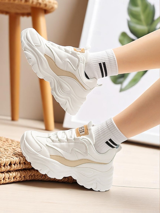  Women's White Chunky Dad Sneakers - Retro Platform Walking Shoes with Wave Design for Urban Outings and Casual Date Looks