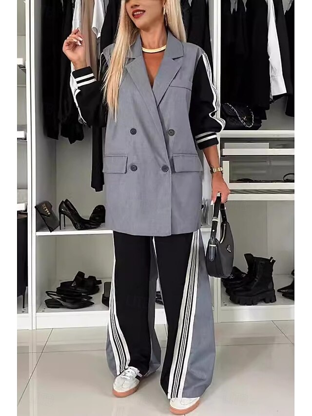  Γυναικεία Στυλάτο Δουλειά Σετ παντελονιών Blazer Suits Μακρυμάνικο Κλασικό Πέτο Ριγέ Στάμπα Causal Καθημερινά Γκρίζο Άνοιξη Κανονικό