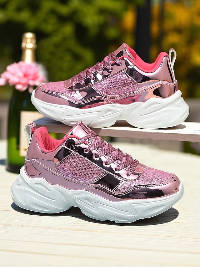  Tênis plataforma chunky com glitter feminino e acabamento metálico, calçados de festa com cadarço da moda para vida noturna e balada