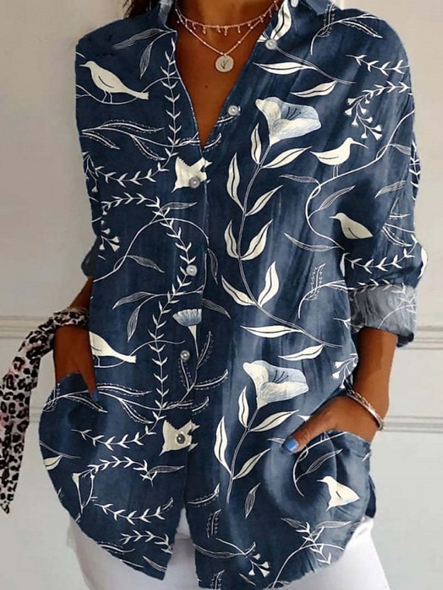  Femmes Chemise Fleuri Géométrique Élégant Moderne manche longue Col de chemise Hauts Réguliers Quotidien Fête Boutons Imprimé Rouge bleu marine Bleu Fuchsia Été