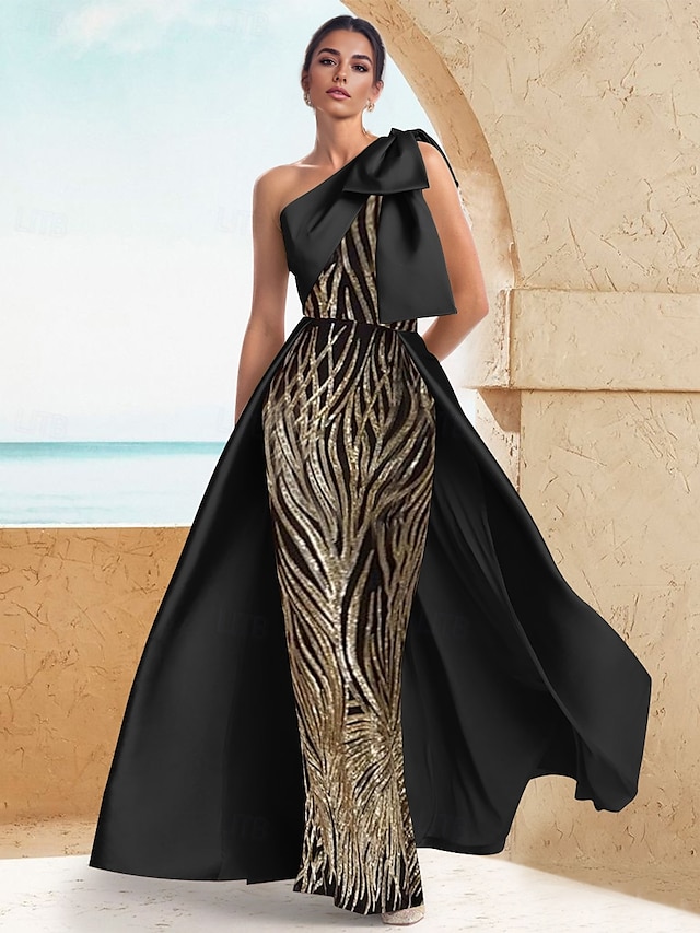  Svart slips mermaid  trumpet ettermiddagskjole elegant svart kjole formell bryllup gulvlengde ermeless en skulder stretch sateng med sløyfe(r) gull paljetter og blonde