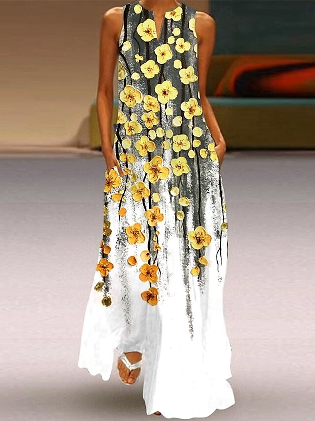  Femmes Robe maxi Robe d'Été Robe trapèze Robe d'été Vacances Occasionnel Boho Fête Coupe Ample A Ombre Fleuri Graphique Sans manches Col en V Encolure en V Noir et Blanc Jaune clair Magenta Noir Ét