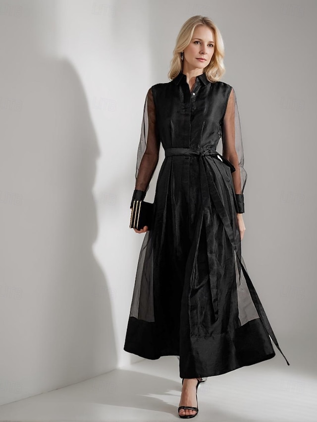  Abito camicia A-Line abito madre della sposa elegante semplice minimalista colletto camicia lunghezza a terra organza a maniche lunghe con cintura  nastro