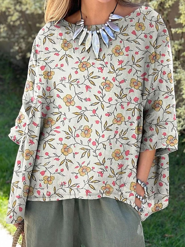  Femmes Chemisier Fleuri Graphique Élégant Manche 3/4 Col ras du cou Col Bateau Hauts Réguliers Quotidien Fête Imprimé Blanche Jaune Rose Claire Bleu Printemps Automne