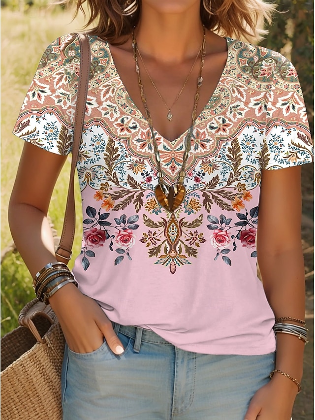  Femmes T-shirt Fleuri Graphique Paisley ancien Élégant Classique Manche Courte Col en V Hauts Réguliers Quotidien Imprimé Noir Jaune Rose Claire Rouge Violet Été Printemps