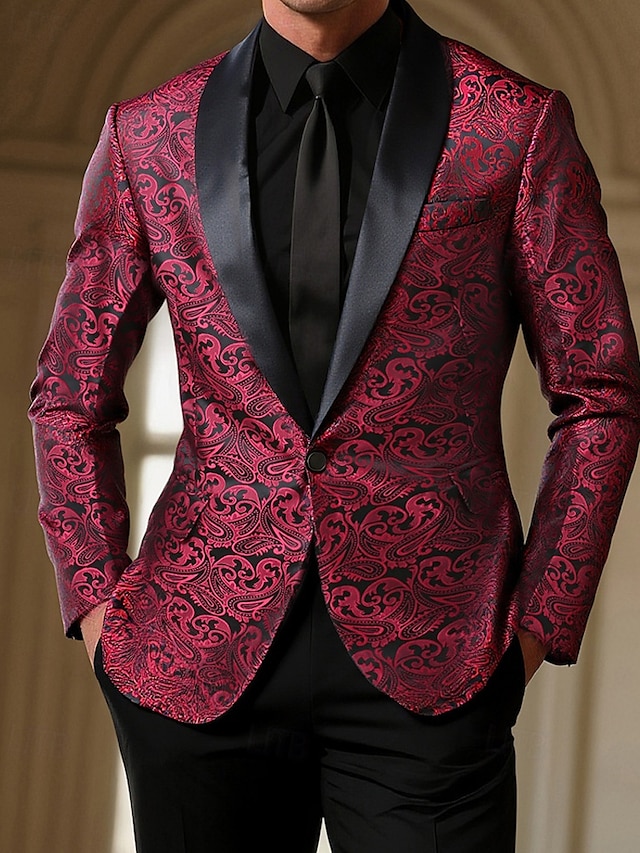  Herr Kavaj Företag Cocktailfest Bröllopsfest Mode Ledigt Vår Höst Polyester Tryck Ficka Knappar Bekväm Enkelknäppt Blazer Rubinrött