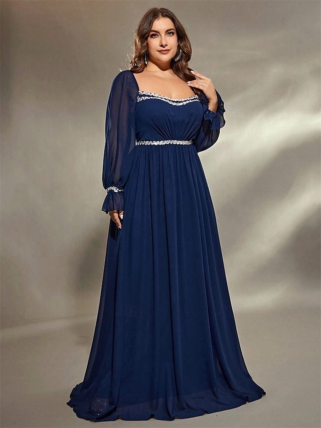  A-Linie Abendkleid Elegant Kleid Formell Hochzeit Bodenlang Langarm Quadrathals Chiffon mit Falten 2025