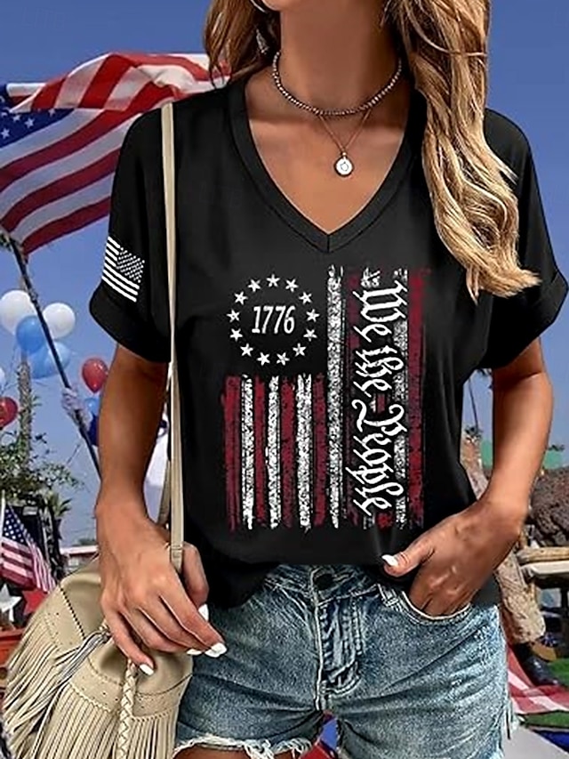  T-shirt patriottica da donna con grafica bandiera americana vintage stilosa classica a maniche corte collo a V regolare stampa quotidiana nero blu navy grigio scuro estate primavera