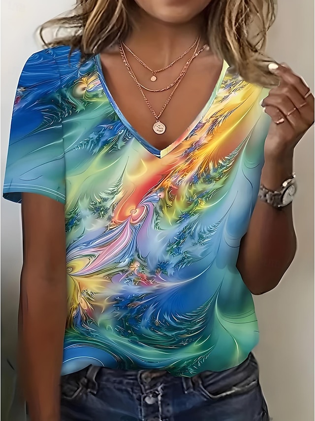  Femmes T-shirt A Ombre Graphique Abstrait ancien Élégant Classique Manche Courte Col en V Hauts Réguliers Quotidien Sortir Week-end Imprimé Rouge Bleu Vert Été Printemps