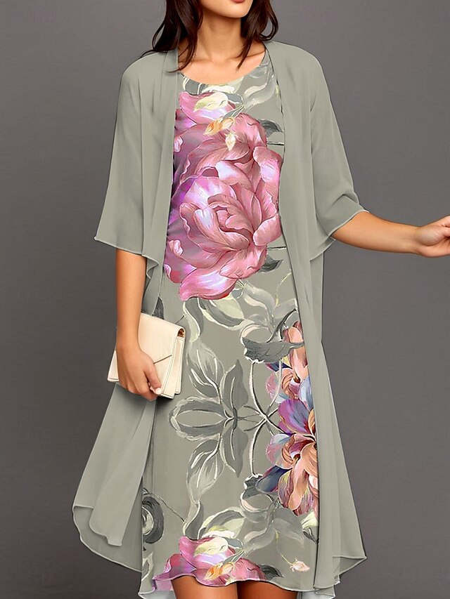 Robe Qipao (cheongsam) En Coton Mélangé Imprimé Floral - Mi-longueur, Trapèze, Poches, Manches Courtes