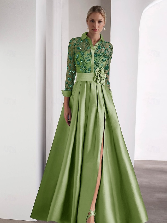  Green Blue  Embroidered A-Line Evening Gown Elegant Dress Formal Wedding Guest Floor Length Long Sleeve Shirt Collar Satin with Glitter Slit 2025