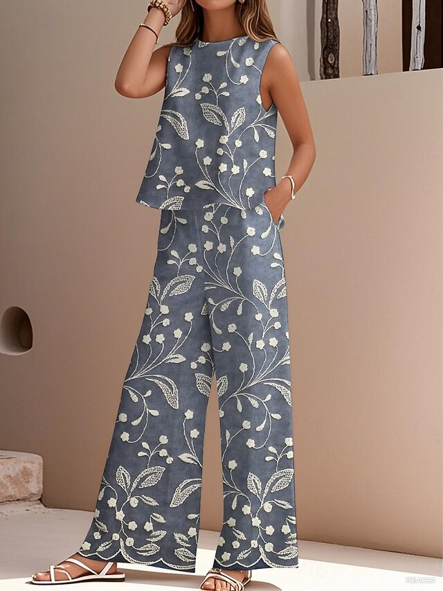 Women's Elegant Fashion Streetwear Two Piece Sets Blouse Vest Pants Trousers Sleeveless Crew Neck Outdoor Work Casual Floral Print Vacation Daily Holiday Blue Purple Gray Summer Regular Fit4