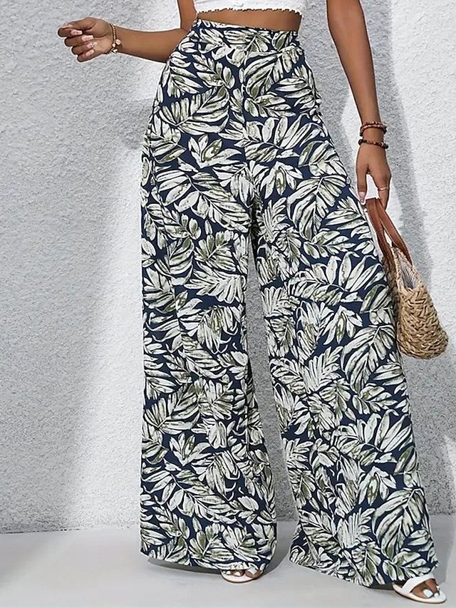  Mulheres Perna larga Calças Casual Boho Comprimento total Cintura Alta Plantas Bolsos Design de cordão elástico Respirabilidade Macio Micro-Elástica Férias Rua Roupa Diária Verde Floresta Vermelho