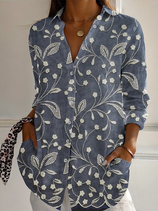 Women's Shirt Floral Active Daily Stylish Long Sleeve Shirt Collar Regular Tops Daily Holiday Buttons Print Gray Spring Fall4