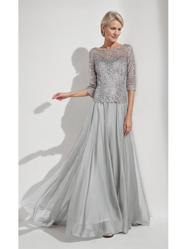  Linea ad A Abito da cerimonia per signora Elegante Semplice Minimalista Scollo a Barca Lunghezza al pavimento Chiffon Mezza Manica con Pizzo 2025