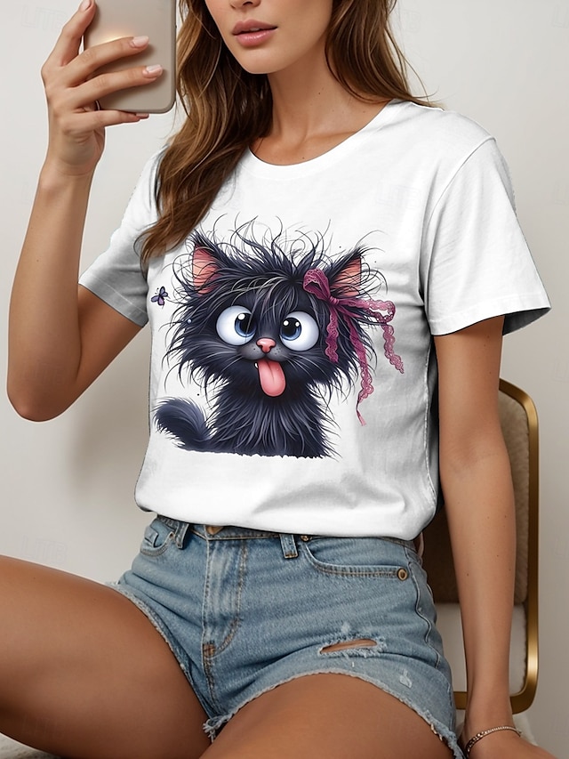  Femmes T-shirt Graphique Animal Chat ancien Élégant Classique Manche Courte Col ras du cou Col rond Hauts Réguliers Quotidien Week-end Imprimé Noir Blanche Rouge Bleu Violet Été Printemps