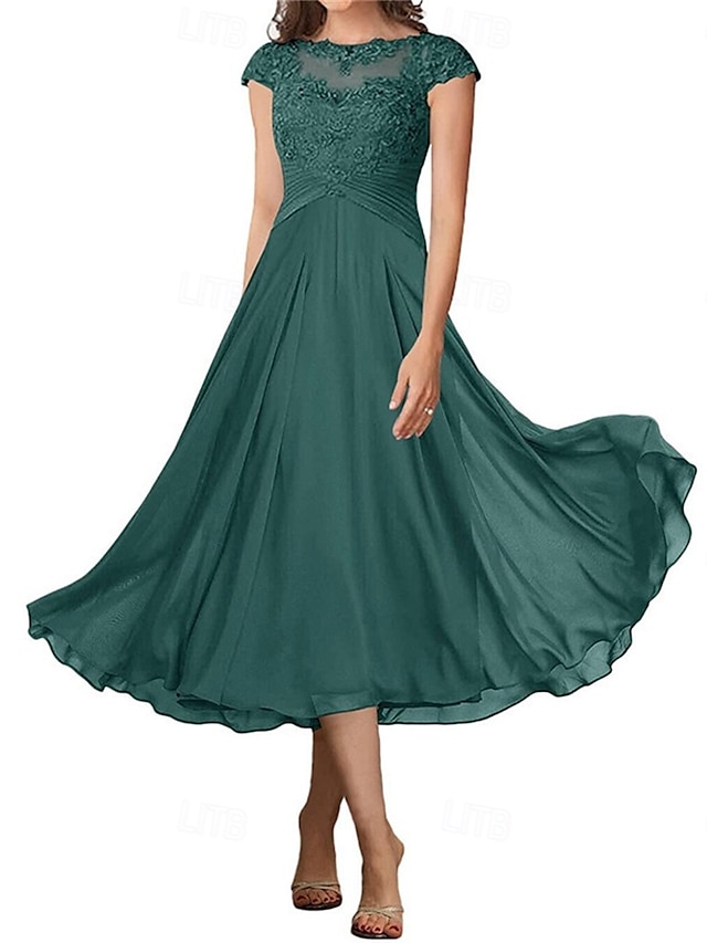  A-linjeformad bröllopsfestmammas klänning elegant enkel krage ankellängd chiffon kort ärm med veck solid färg
