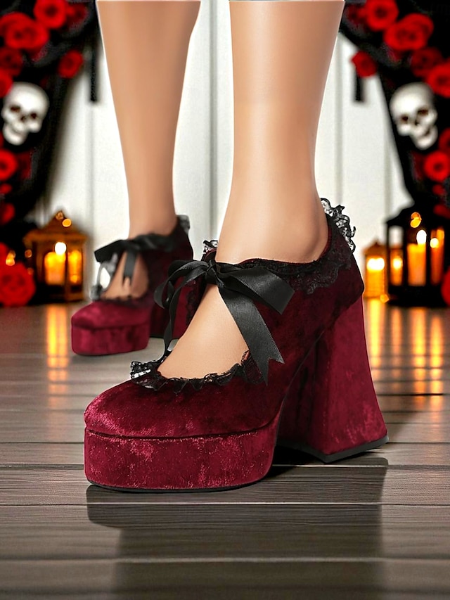  Scarpe con plateau in velluto in stile vittoriano gotico del XIX secolo da donna - décolleté mary jane bordeaux con rifiniture in pizzo e nastro per Halloween, cosplay e moda lolita