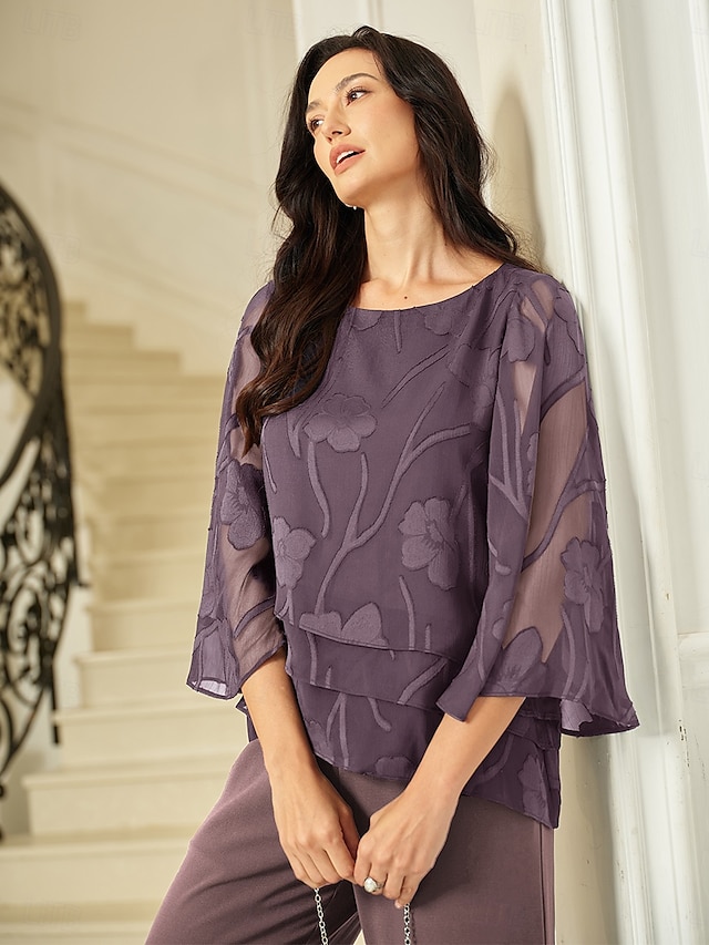  Damen Spitzenbluse Bluse Elegante Oberteile Chiffon Tops Einfarbig Blumen Elegant Stilvoll Halbarm Flattrige Ärmel U-Boot-Ausschnitt Normale Oberteile Hochzeitsgast Arbeit Täglich Asymmetrischer Saum