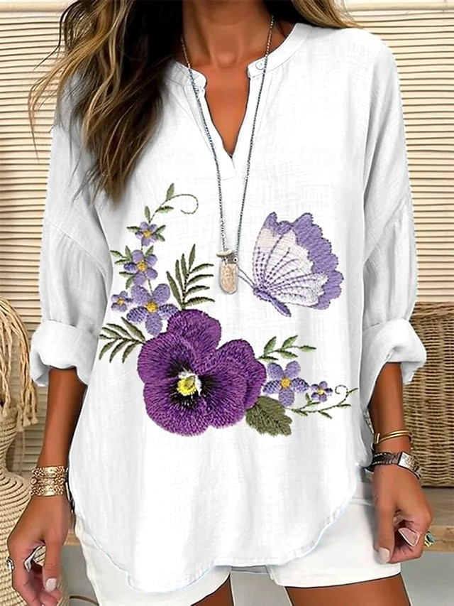  Blusa Donna Tunica V Collo Maniche Lunghe Boho Casual Top Floreale Grafica 3D Bohemia Vintage Tropicale Top Regolari Stampa Quotidiana Bianca Gialla Rossa Viola