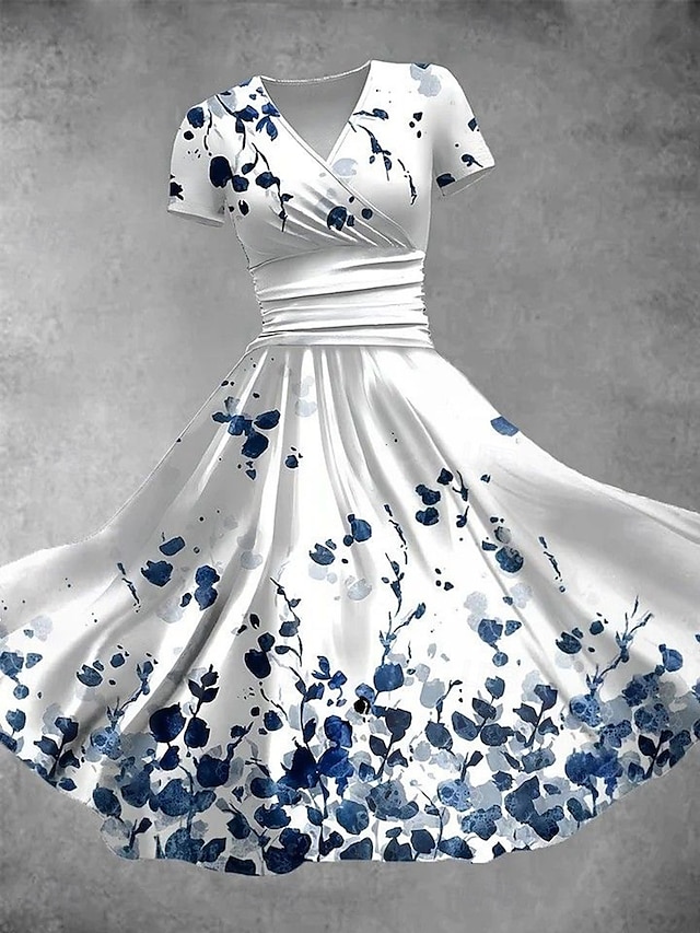  Femmes Robe Midi Robe fourreau Robe d'été Élégant Vacances Occasionnel Coupe régulière Fleuri Graphique Manche Courte Col en V Rouge Bleu Bleu clair Été Printemps