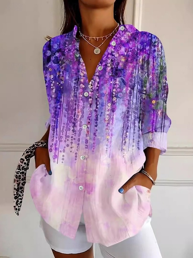  Femmes Chemise Fleuri Actif Quotidien Élégant manche longue Col de chemise Hauts Réguliers Quotidien Fête Boutons Imprimé Violet Printemps Automne